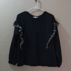 LOFT Black Lace Ruffle Sweatshirt Top Women’s Large Long Sleeve Casual Chic